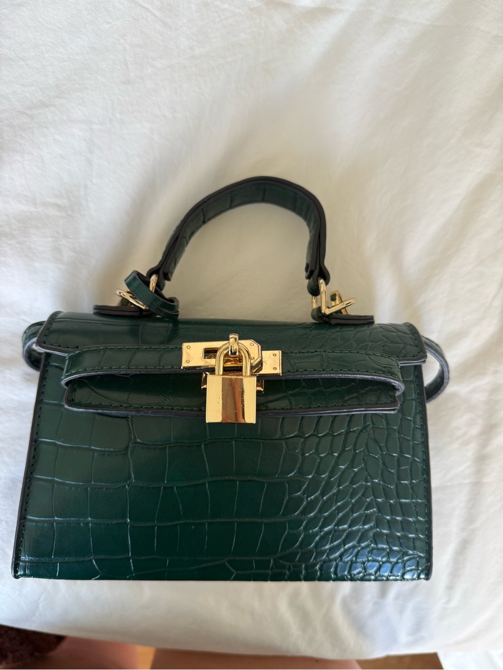 Princess Polly Dark Green Croc-Embossed Top Handle Bag with Gold Lock